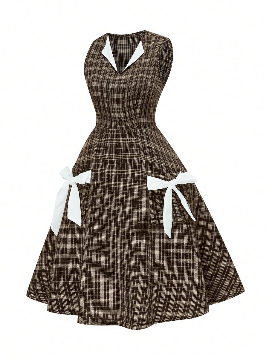 SHEIN Clasi 大码圣诞拼色格子蝴蝶结装饰长裙 - 咖啡棕 - 查看 1