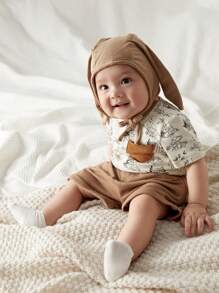 Cozy Pixies 寶寶男孩短袖圓領上衣配有裝飾口袋和短褲套裝 - 咖啡棕 - 查看 5