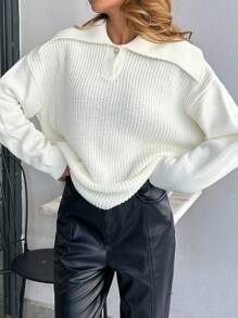 EURMUSE Women Relaxed Fitted Rib Knit Detailed Sweater With Wide Collar And Button Details - White - View 5