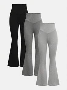 SHEIN Set 3 piese: pantaloni evazați cu decolteu în V, eleganti, pentru fete adolescente, versatili și practici, combinație în 3 culori