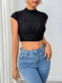 Chiquease 1 件女式立领纯色短款上衣，休闲日常穿着 - 黑色 - 查看 4