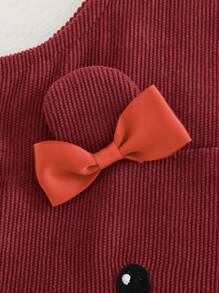 Cozy Pixies Baby Girl 2pcs Set: Polka Dot Pattern Soft Knit Round Neck Long Sleeve Pullover Top With Decorative Bow & Bear Pattern Suspender Dress - Burgundy - View 8