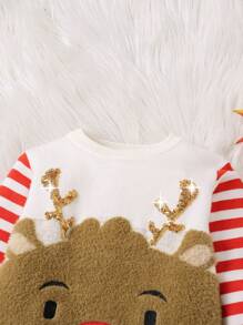 Young Girl Christmas Reindeer Fluffy Jacquard Embroidered Round Neck Long Sleeve Sweater And Striped Print Long Pants 2pcs Suit - Red - View 8