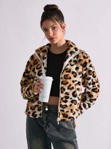 EURMUSE Animal Print Drop Shoulder Teddy Velvet Zip Lock Closure Coat - Multicolor - View 4