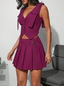Hauture Solid Pleated Mini Skirt With Belt - Burgundy - View 4