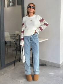 EURMUSE Kleine Wellen gestreifter Langarm-Pullover - Aprikosenfarben - Übersicht 4