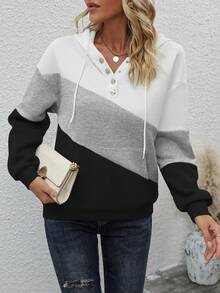 SHEIN LUNE Áo hoodie hở vai rộng rãi, có túi Kangaroo, cài nửa nút phía trước, dây rút cho nữ - Nhiều màu - Xem 5