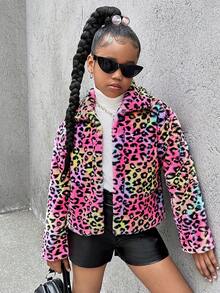 SHEIN 女孩彩色豹纹蓬松领街头时尚凉爽保暖夹克，适合派对和户外穿着，秋冬季 - 彩色 - 查看 5