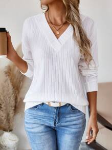 EMERY ROSE 女士休闲罗纹V领落肩套头卫衣，秋季款 - 白色 - 查看 5