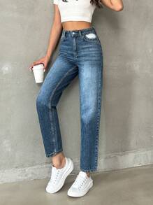 RueChic Casual Mid Waist Ripped Mom Fit Jeans - Medium Wash - View 7