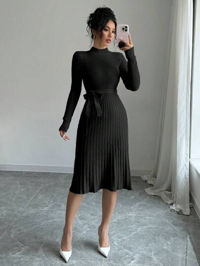 Selianne Women Casual Solid Color Stand Collar Pleated Hem Belted Sweater Dress Fall Winter Cloth For Women