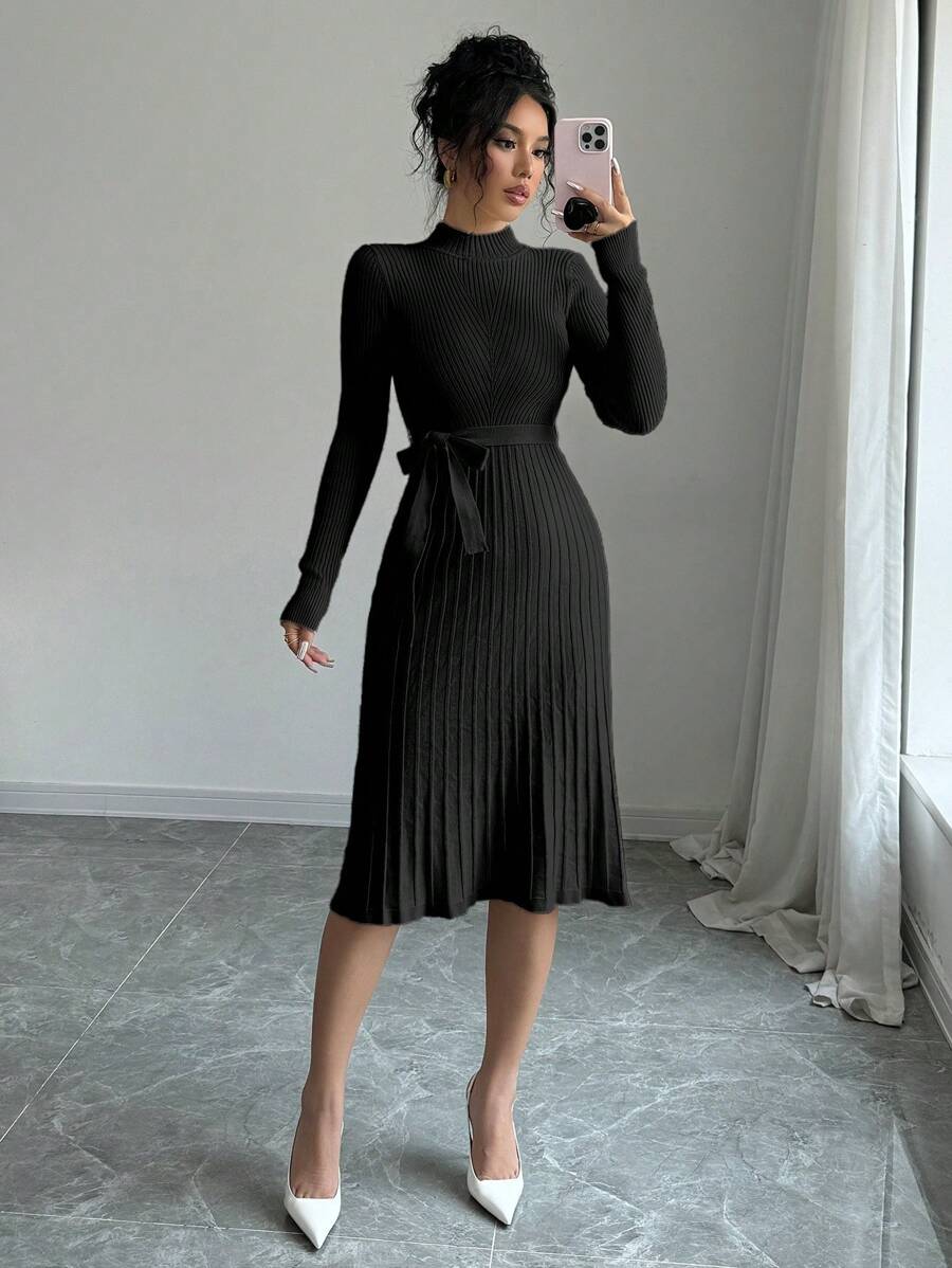 Selianne 女士休闲纯色立领百褶下摆系带毛衣连衣裙 - 黑色 - 查看 1