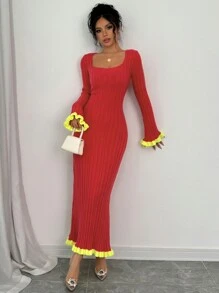 Chiquease Váy len dệt kim cổ vuông tay raglan màu khối xếp nếp cho phụ nữ cho quần áo năm mới - Đỏ - Xem 5