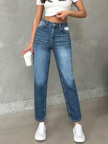 RueChic Casual Mid Waist Ripped Mom Fit Jeans - Medium Wash - View 5