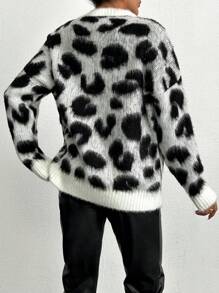 EURMUSE Women Round Neck Hairy Yarn Leopard Printed Soft Touch Sweater Pullover - Black and White - View 2