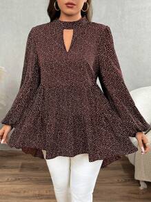 SHEIN LUNE 1 件女式加大码花卉图案不对称下摆长袖立领宽松衬衫荷叶边上衣 - 棕色 - 查看 3