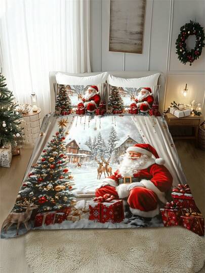 2/3pcs Christmas Tree, Gift, Santa Claus & Reindeer Pattern Soft & Cozy Bedding Set, Suitable For Bedroom, Guest Room, Game Room, Hotel, Dorm