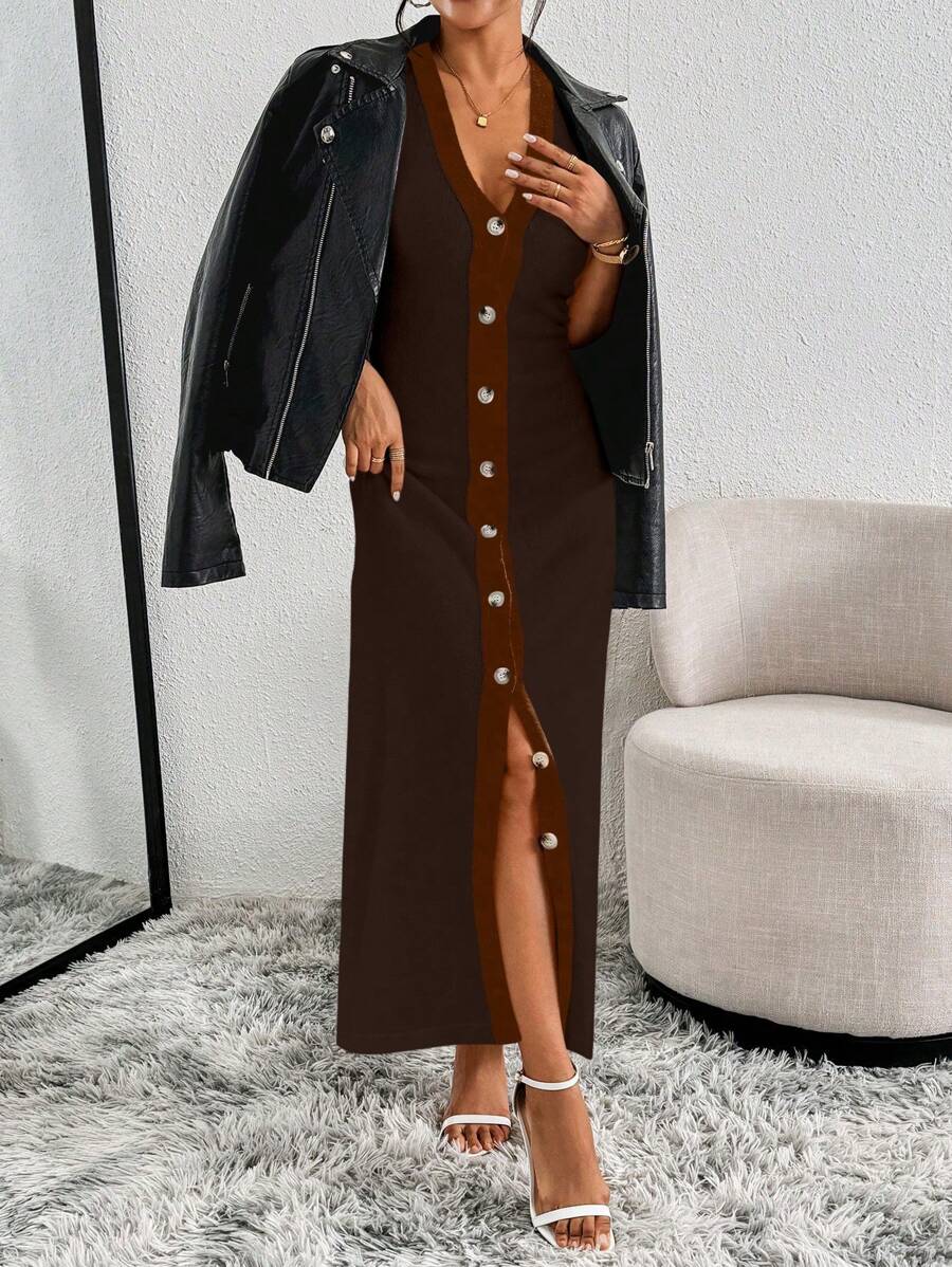 Elenzga Women Colorblock V-Neck Button Design Sleeveless Long Sweater Dress, Autumn