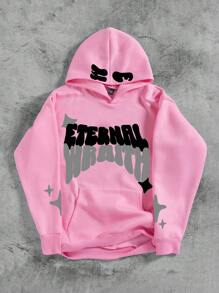 Manfinity EMRG Áo hoodie lót nhiệt in chữ và ngôi sao túi Kangaroo dáng rộng cho nam, mùa thu/đông, vai trễ - Hồng - Xem 1