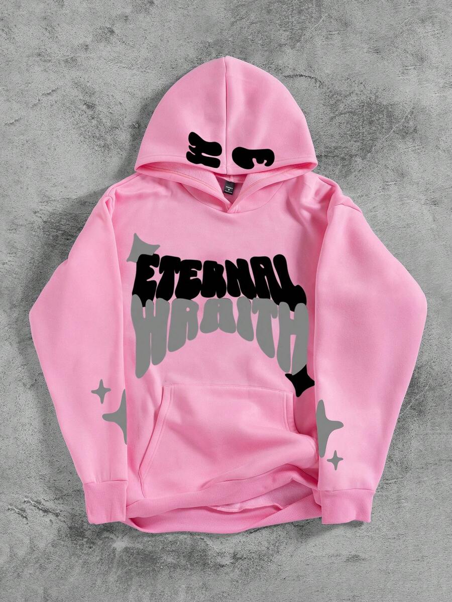 Manfinity EMRG Áo hoodie lót nhiệt in chữ và ngôi sao túi Kangaroo dáng rộng cho nam, mùa thu/đông, vai trễ - Hồng - Xem 1