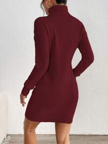 Chiquease Women Simple Solid High Neck Drop Shoulder Loose Fit Sweater Dress