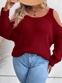 EMERY ROSE Suéter holgado de punto sin mangas con hombros descubiertos y manga larga para mujer de talla grande, para otoño - Burdeos - Ver 3