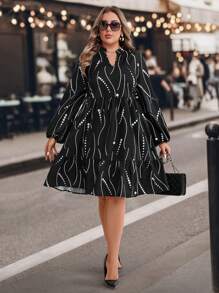 SHEIN Clasi Vestito midi nero a motivo geometrico oversize, abito da ufficio, vestiti da donna autunnali - nero - Visualizzare 4