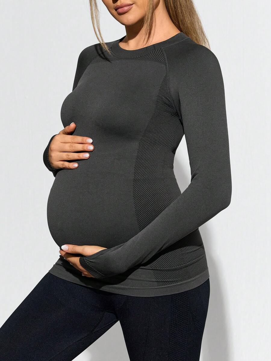SHEIN حمل قميص ثقيل داخلي بأكمام طويلة أرجل ربيعية بياقة مستديرة بسيطة - رمادي غامق - مشاهدة 1