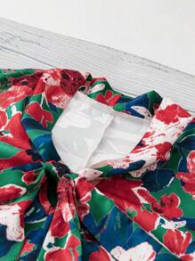 SHEIN Clasi Plus Size Front Tie Ruched Floral All Over Print Blouse, Casual For Daily Wear - Green - View 4