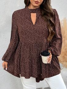 SHEIN LUNE 1 件女式加大码花卉图案不对称下摆长袖立领宽松衬衫荷叶边上衣 - 棕色 - 查看 8