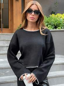 SHEIN Pullover da donna con orlo asimmetrico e dettagli a punto smerlato, collo rotondo