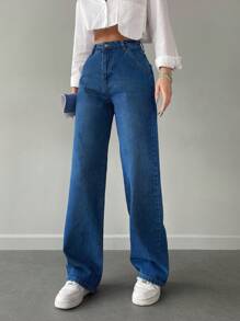 EURMUSE Solid Straight Leg Jeans - Medium Wash - View 5