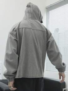 Manfinity Roghcode 男士休闲日常牛仔夹克，带翻盖口袋和连帽，秋季 - 灰色 - 查看 6