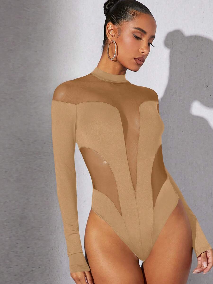 Hauture 1 件女式立领长袖纯色拼接简约紧身衣，休闲日常穿着 - 卡其色 - 查看 1