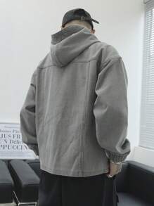 Manfinity Roghcode 男士休闲日常牛仔夹克，带翻盖口袋和连帽，秋季 - 灰色 - 查看 2