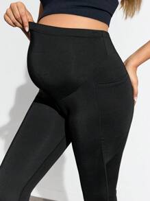 SHEIN Maternity Solid Color Adjustable Waistband Pocket Flared Leg Sports Pants