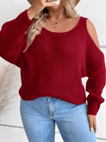 EMERY ROSE Suéter holgado de punto sin mangas con hombros descubiertos y manga larga para mujer de talla grande, para otoño - Burdeos - Ver 4