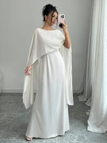 Selianne 优雅飘逸连衣裙，撞色可拆卸披肩袖，女士长款缎面女装