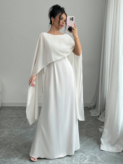 Elenzga Elegant Flowy Dress With Contrasting Detachable Capelet Sleeves For Women Maxi Satin Women Outfit