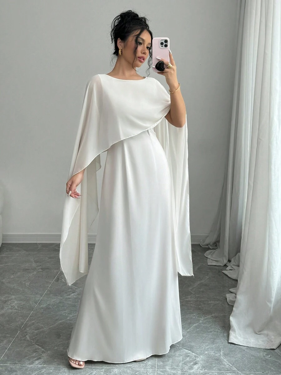 Selianne 优雅飘逸连衣裙，撞色可拆卸披肩袖，女士长款缎面女装