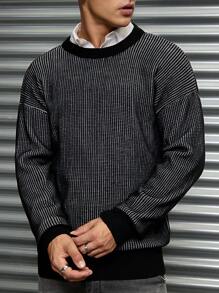 RueChic Men's Comfortable Casual Black & White Jacquard Textured Loose Knit Sweater - Black - View 5