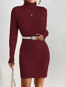 Chiquease Women Simple Solid High Neck Drop Shoulder Loose Fit Sweater Dress