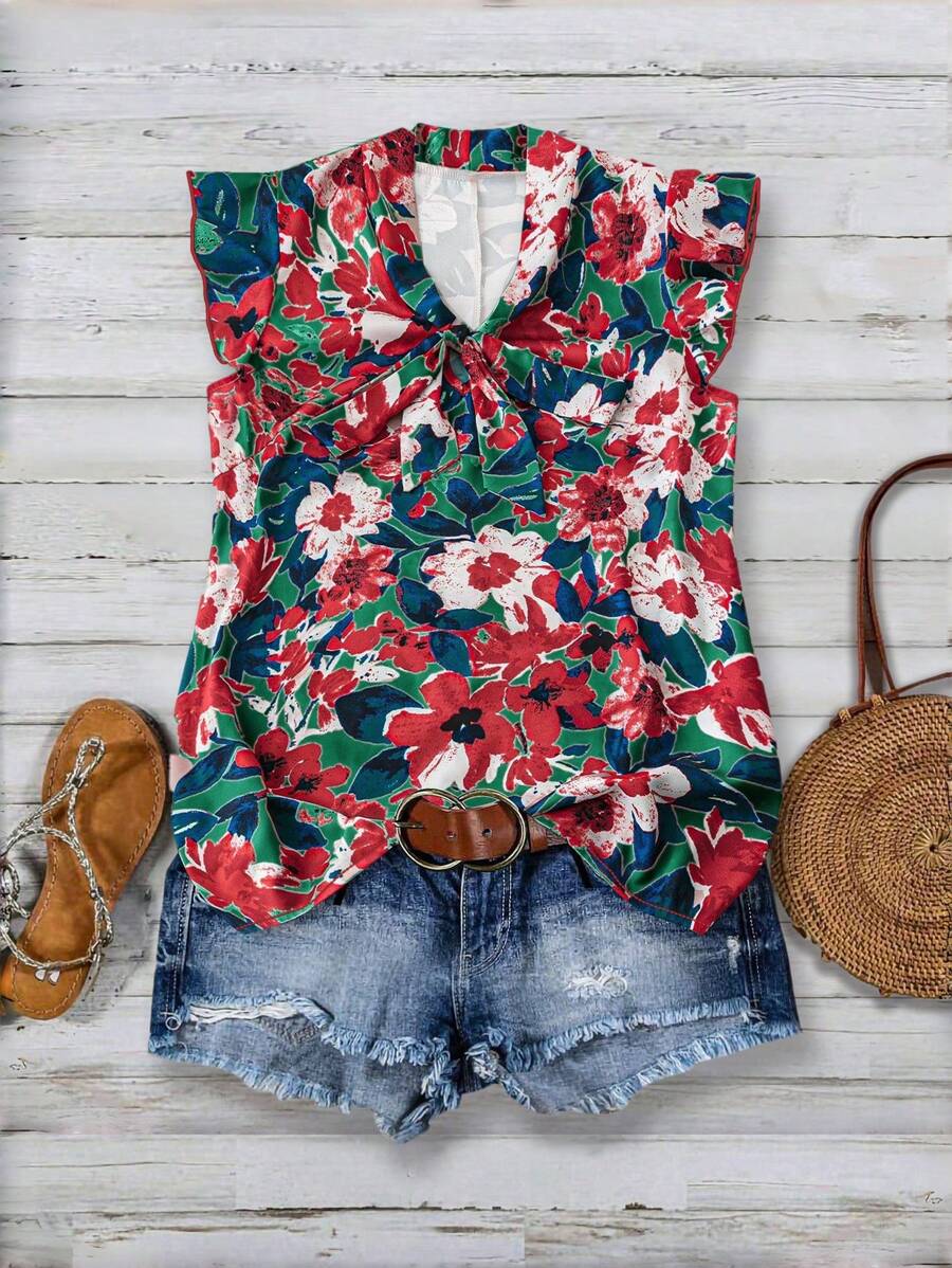 SHEIN Clasi Plus Size Front Tie Ruched Floral All Over Print Blouse, Casual For Daily Wear - Green - View 1