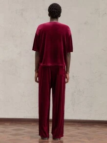 AKNOTIC Party 2pcs Men's Letter Print Crew Neck Fitted T-Shirt And Elastic Waist Casual Pants Set, Suitable For Spring - Burgundy - View 7