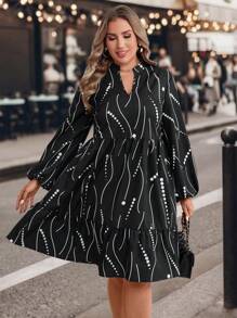 SHEIN Clasi Vestito midi nero a motivo geometrico oversize, abito da ufficio, vestiti da donna autunnali - nero - Visualizzare 3