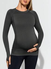 SHEIN حمل قميص ثقيل داخلي بأكمام طويلة أرجل ربيعية بياقة مستديرة بسيطة - رمادي غامق - مشاهدة 2