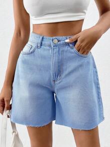 Women's Casual Denim Shorts With Belt, Ring Button, Pockets And Loose Fit - Blue - View 5