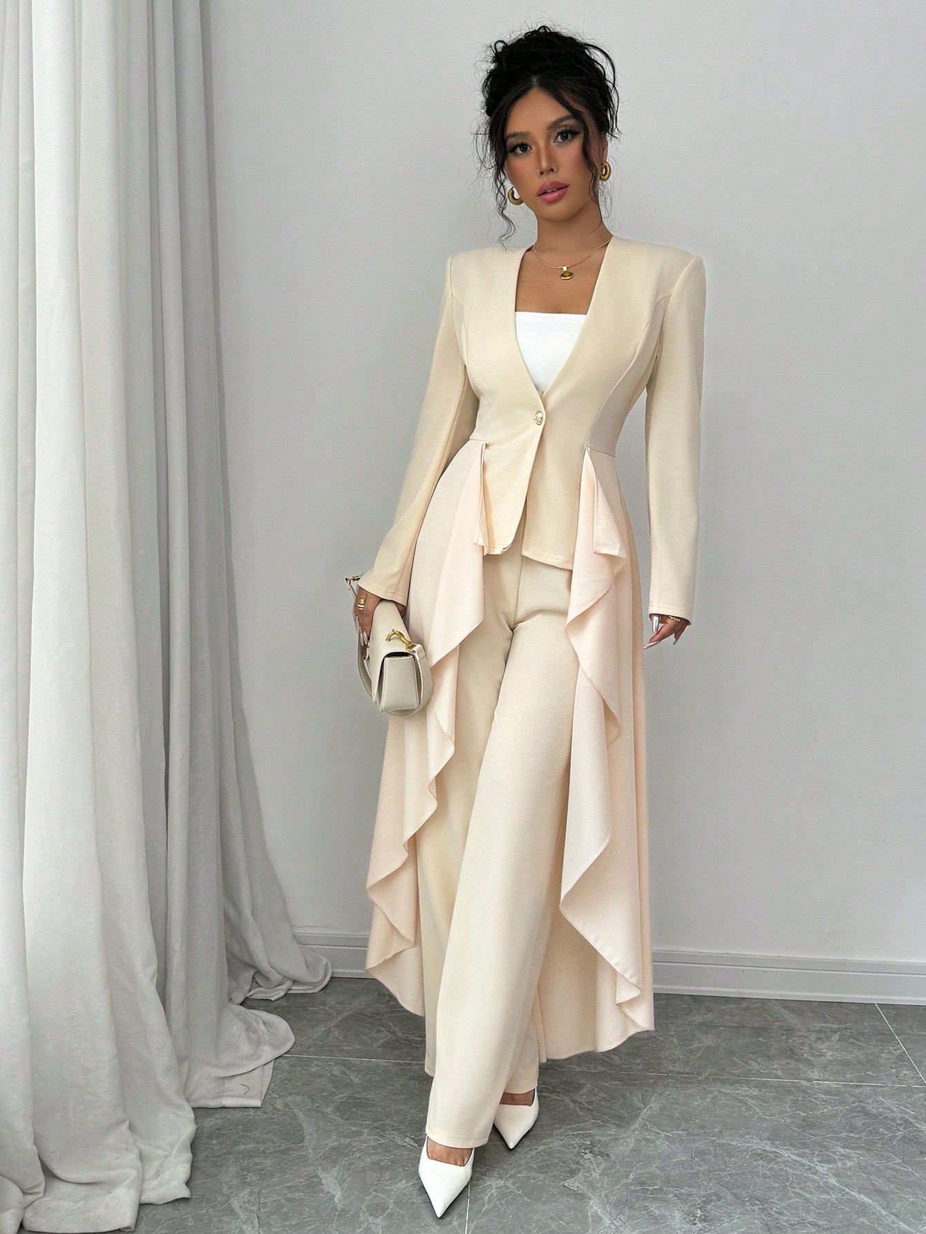 Elenzga بدلة رومانسية مكونة من بليزر مشدود للخصر و...