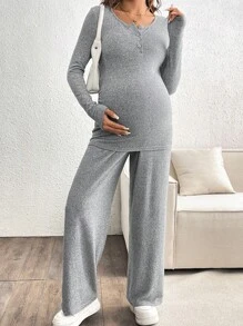 SHEIN 2 件套孕妇休闲纯色半纽扣门襟合身 T 恤和可调节腰部宽松阔腿裤套装 - 灰色 - 查看 7