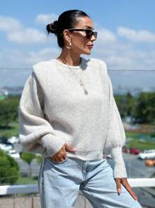 EURMUSE Women Shoulder Padded Sweater With Hairy Yarn - Beige - View 3